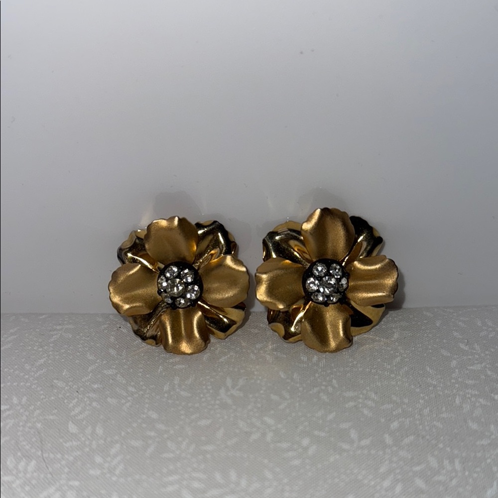 Gold toned‎ Flower Earrings with Crystal Accents